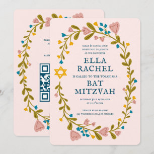 Convite Floral Wreath Bat Mitzvah Código QR personalizado