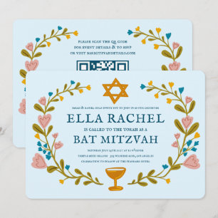 Convite Floral Wreath Bat Mitzvah Código QR personalizado 