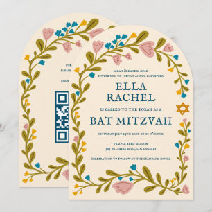 Convite Floral Wreath Bat Mitzvah Código QR personalizado 