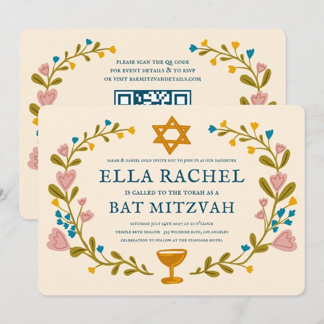 Convite Floral Wreath Bat Mitzvah Código QR personalizado  (Frente/Verso)