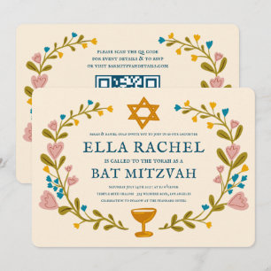 Convite Floral Wreath Bat Mitzvah Código QR personalizado