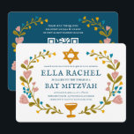Convite Floral Wreath Bat Mitzvah Código QR personalizado<br><div class="desc">Cartão perfeito para anunciar um bar mitzvah, bat mitzvah ou outra celebração judaica! Mão fez arte para você! TOTALMENTE PERSONALIZÁVEL! Clique em "Personalizar" acima para editar o texto e adicionar seus links ao código QR no verso. Clique em "editar usando a ferramenta design" para ajustar as fontes, cores e posicionamentos....</div>