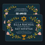 Convite Floral Wreath Bat Mitzvah Código QR personalizado<br><div class="desc">Cartão perfeito para anunciar um bar mitzvah, bat mitzvah ou outra celebração judaica! Mão fez arte para você! TOTALMENTE PERSONALIZÁVEL! Clique em "Personalizar" acima para editar o texto e adicionar seus links ao código QR no verso. Clique em "editar usando a ferramenta design" para ajustar as fontes, cores e posicionamentos....</div>