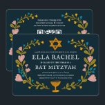 Convite Floral Wreath Bat Mitzvah Código QR personalizado<br><div class="desc">Cartão perfeito para anunciar um bar mitzvah, bat mitzvah ou outra celebração judaica! Mão fez arte para você! TOTALMENTE PERSONALIZÁVEL! Clique em "Personalizar" acima para editar o texto e adicionar seus links ao código QR no verso. Clique em "editar usando a ferramenta design" para ajustar as fontes, cores e posicionamentos....</div>