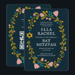 Convite Floral Wreath Bat Mitzvah Código QR personalizado<br><div class="desc">Cartão perfeito para anunciar um bar mitzvah, bat mitzvah ou outra celebração judaica! Mão fez arte para você! TOTALMENTE PERSONALIZÁVEL! Clique em "Personalizar" acima para editar o texto e adicionar seu link ao código QR no verso. Clique em "editar usando a ferramenta design" para ajustar as fontes, cores e posicionamentos....</div>