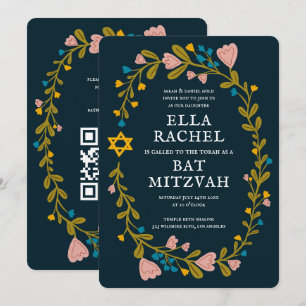 Convite Floral Wreath Bat Mitzvah Código QR personalizado 