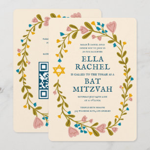Convite Floral Wreath Bat Mitzvah Código QR personalizado