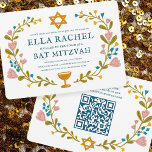 Convite Floral Wreath Bat Mitzvah Código QR personalizado<br><div class="desc">Cartão perfeito para anunciar um bar mitzvah, bat mitzvah ou outra celebração judaica! Mão fez arte para você! TOTALMENTE PERSONALIZÁVEL! Clique em "Personalizar" acima para editar o texto e adicionar seus links ao código QR no verso. Clique em "editar usando a ferramenta design" para ajustar as fontes, cores e posicionamentos....</div>