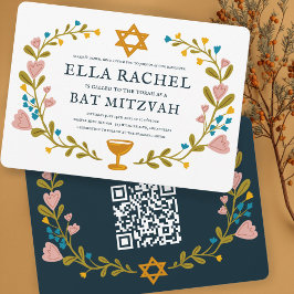 Convite Floral Wreath Bat Mitzvah Código QR personalizado 