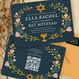 Convite Floral Wreath Bat Mitzvah Código QR personalizado 