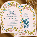 Convite Floral Wreath Bat Mitzvah Código QR personalizado<br><div class="desc">Cartão perfeito para anunciar um bar mitzvah, bat mitzvah ou outra celebração judaica! Mão fez arte para você! TOTALMENTE PERSONALIZÁVEL! Clique em "Personalizar" acima para editar o texto e adicionar seu link ao código QR no verso (verifique meu compro para designs alternativos com foto personalizada). Clique em "editar usando a...</div>