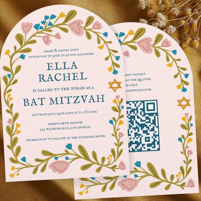 Convite Floral Wreath Bat Mitzvah Código QR personalizado  (Floral Wreath Bat Mitzvah Hand-drawn Custom QR code Arched Pink Invitation
)