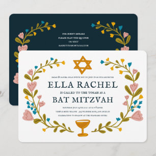 Convite Floral Wreath Bat Mitzvah Código QR personalizado