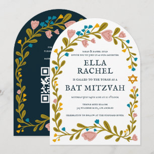 Convite Floral Wreath Bat Mitzvah Código QR personalizado 