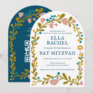 Convite Floral Wreath Bat Mitzvah Código QR personalizado