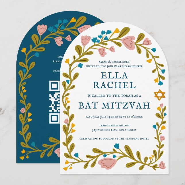 Convite Floral Wreath Bat Mitzvah Código QR personalizado  (Frente/Verso)