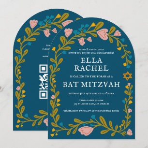 Convite Floral Wreath Bat Mitzvah Código QR personalizado