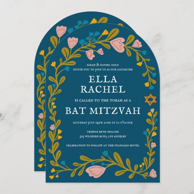 Convite Floral Wreath Bat Mitzvah Código QR personalizado  (Frente/Verso)