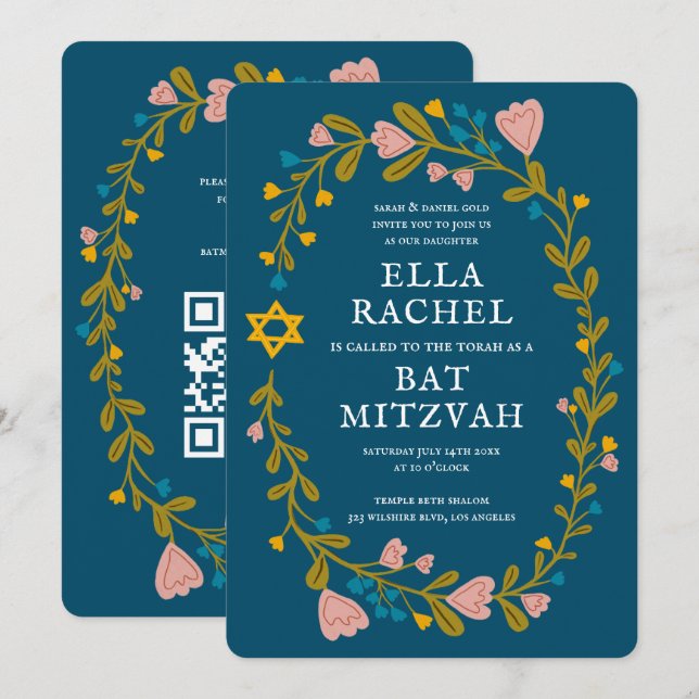 Convite Floral Wreath Bat Mitzvah Código QR personalizado  (Frente/Verso)