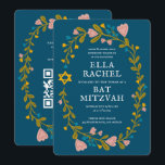 Convite Floral Wreath Bat Mitzvah Código QR personalizado<br><div class="desc">Cartão perfeito para anunciar um bar mitzvah, bat mitzvah ou outra celebração judaica! Mão fez arte para você! TOTALMENTE PERSONALIZÁVEL! Clique em "Personalizar" acima para editar o texto e adicionar seu link ao código QR no verso. Clique em "editar usando a ferramenta design" para ajustar as fontes, cores e posicionamentos....</div>