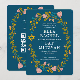 Convite Floral Wreath Bat Mitzvah Código QR personalizado 