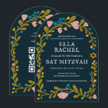 Convite Floral Wreath Bat Mitzvah Código QR personalizado<br><div class="desc">Cartão perfeito para anunciar um bar mitzvah, bat mitzvah ou outra celebração judaica! Mão fez arte para você! TOTALMENTE PERSONALIZÁVEL! Clique em "Personalizar" acima para editar o texto e adicionar seu link ao código QR no verso (verifique meu compro para designs alternativos com foto personalizada). Clique em "editar usando a...</div>