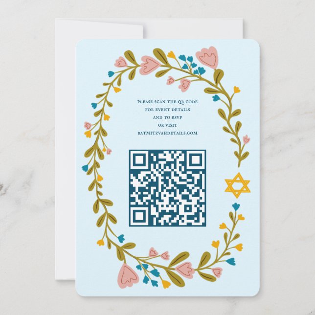Convite Floral Wreath Bat Mitzvah Código QR personalizado  (Verso)