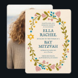 Convite Floral Wreath Bat Mitzvah Foto Personalizada Feita<br><div class="desc">Cartão perfeito para anunciar um bar mitzvah, bat mitzvah ou outra celebração judaica! Mão fez arte para você! TOTALMENTE PERSONALIZÁVEL! Clique em "Personalizar" acima para editar o texto e adicionar sua própria foto ao verso. Clique em "editar usando a ferramenta design" para ajustar as fontes, cores e posicionamentos. Você também...</div>