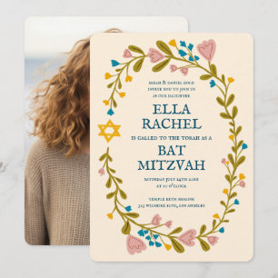 Convite Floral Wreath Bat Mitzvah Foto Personalizada Feita