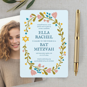 Convite Floral Wreath Bat Mitzvah Foto Personalizada Feita