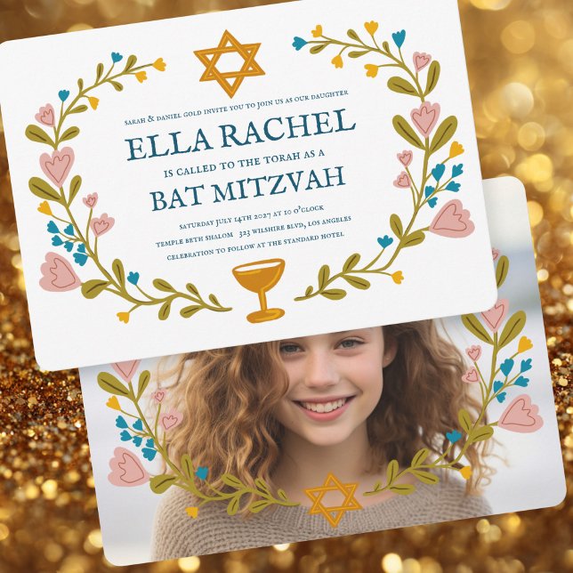Convite Floral Wreath Bat Mitzvah Foto Personalizada Feita (Floral Wreath Bat Mitzvah Hand-drawn Custom Photo Invitation
)