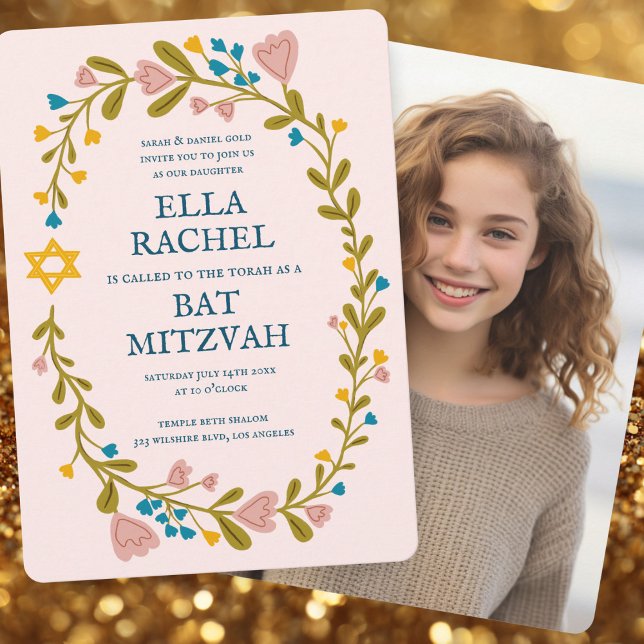 Convite Floral Wreath Bat Mitzvah Foto Personalizada Feita (Floral Wreath Bat Mitzvah Hand-drawn Custom Photo Invitation
)