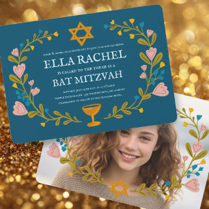 Convite Floral Wreath Bat Mitzvah Foto Personalizada Feita