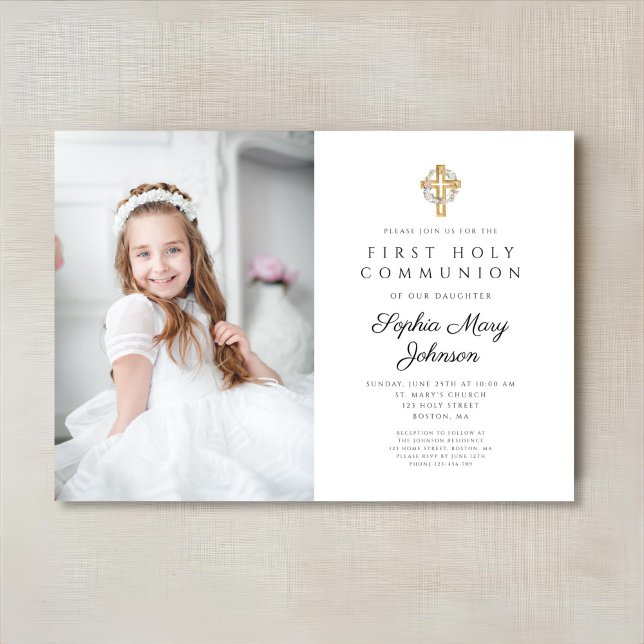 Convite Floral Wreath Cross Photo Girl Primeira Comunhão (Floral Wreath Cross Photo Girl First Communion Invitation)
