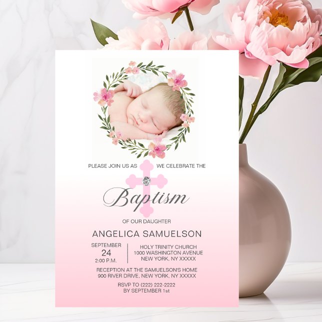 Convite Floral Wreath Pink BAPTISM GIRL | FOTO (Floral Wreath Pink BAPTISM GIRL  PHOTO Invitation)