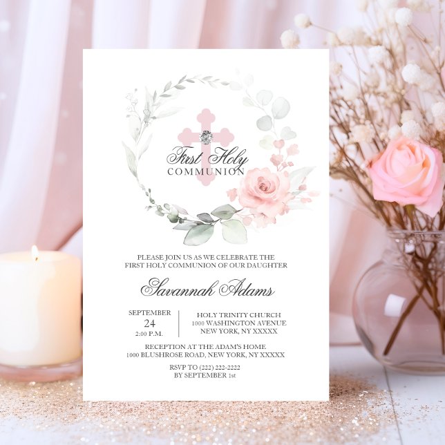 Convite Floral Wreath Pink Primeira Sagrada Garota Comunit (Floral Wreath Pink First Holy Communion GIRL Invitation)