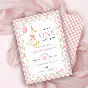 Convite Floral Xadrez Rosa Um Ganso Tolo Aniversário de 1