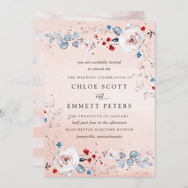 Convite FloralCasamento de Cor de Água do Pastel Azul-Rosa (Frente/Verso)