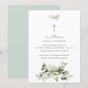 Convite Florals Elegante Greenery Convocação para o Batism