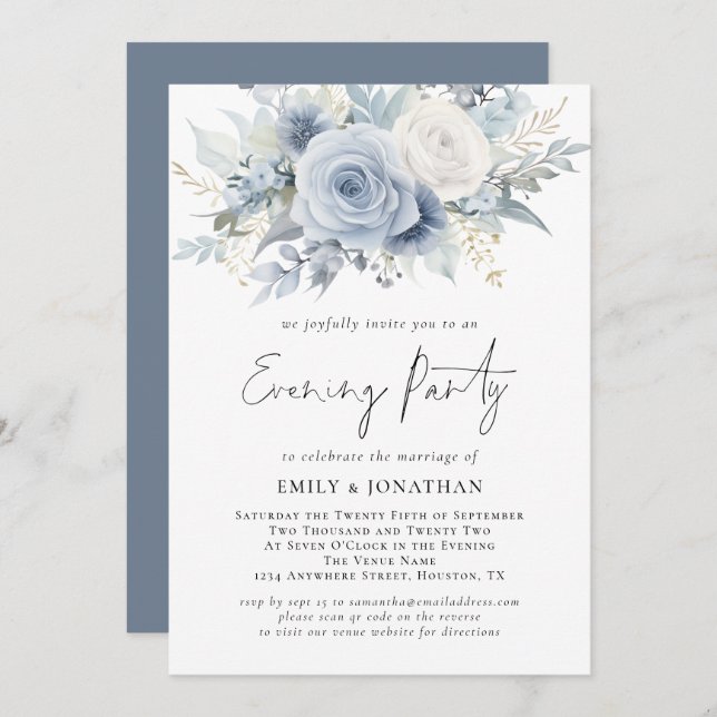 Convite Florals QR Code Dusty Blue Wedding Night Party (Frente/Verso)