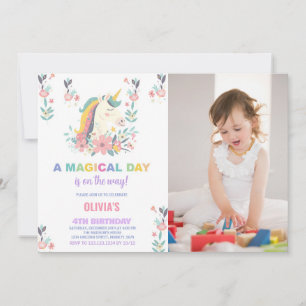 Convite Florals Unicorn Invoca Foto no Aniversário