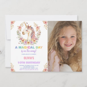 Convite Florals Unicorn Invoca Foto no Aniversário