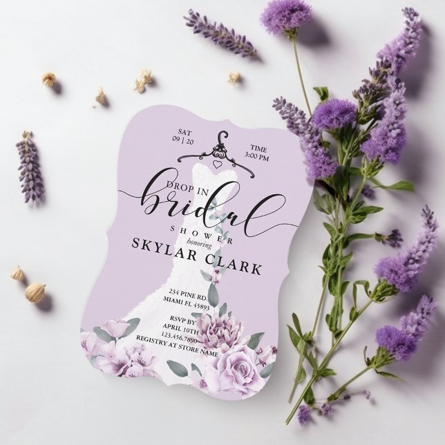 Convite Florals White Wedding Dress Em Chá de panela (Florals White Wedding Dress Drop In Bridal Shower Invitation)