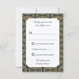 Convite Floreio Dourado Falso Damask Azul Marinho RSVP
