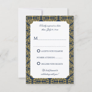 Convite Floreio Dourado Falso Damask Azul Marinho RSVP