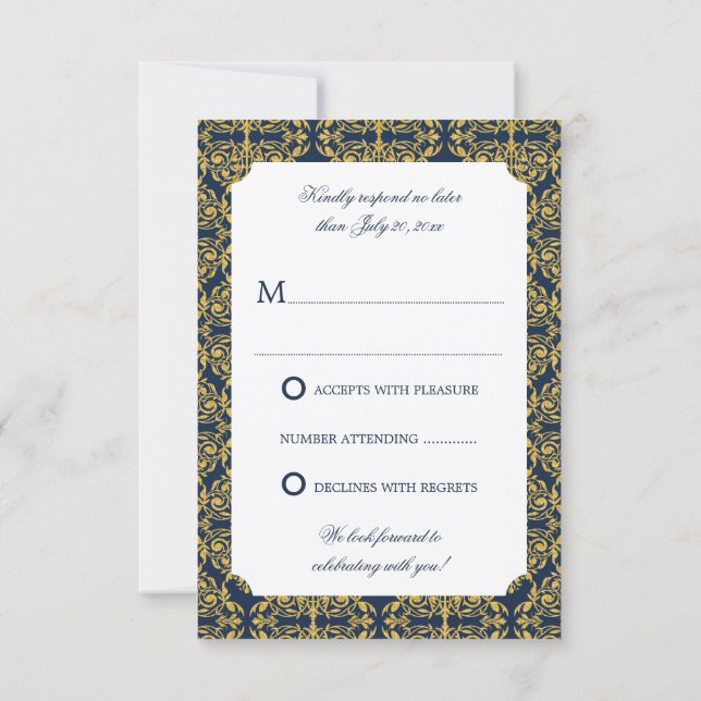 Convite Floreio Dourado Falso Damask Azul Marinho RSVP (Verso)