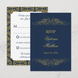Convite Floreio Dourado Falso Damask Azul Marinho RSVP