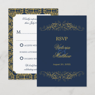 Convite Floreio Dourado Falso Damask Azul Marinho RSVP