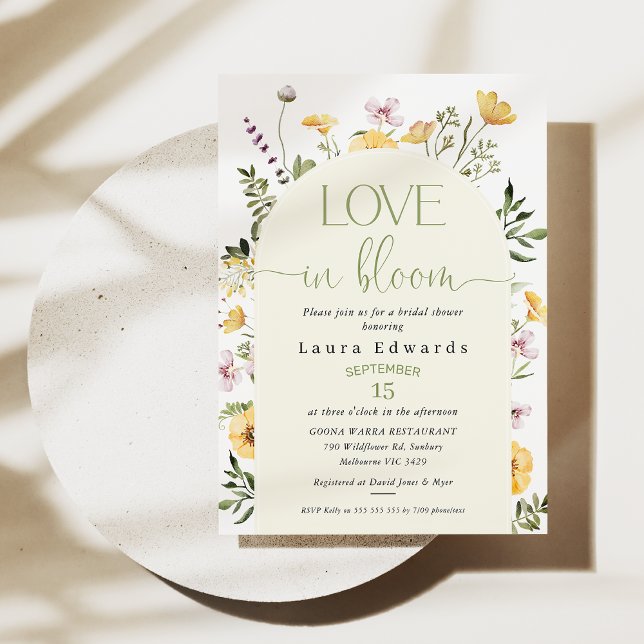 Convite Flores Amarelas Apaixonadas pelo Chá de panela Blo (Wildflowers Love In Bloom Bridal Shower Invitation, Summer Floral Bridal Shower Invite, Spring )