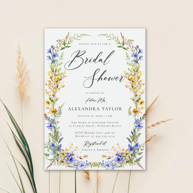 Convite Flores Amarelas Azuis Flagrantes Boho Chá de panel (yellow wildflowers bridal shower invitation elegant rustic modern boho romantic floral frame)